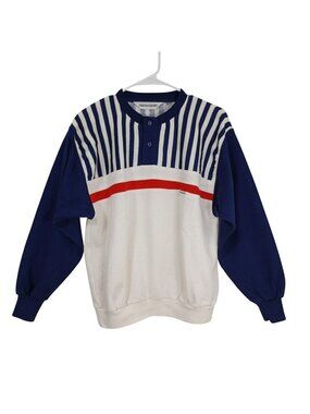 Vintage Pierre Cardin Striped Pullover Sweatshirt Blue White Red Panel Henley M